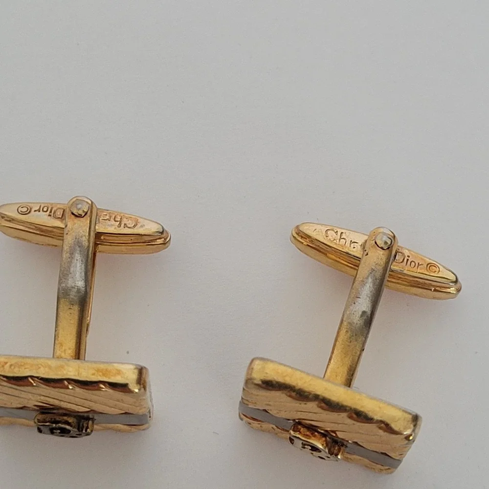Christian Dior Vintage Cufflinks Two Tone Gold Silver Logo Germany Square Mens